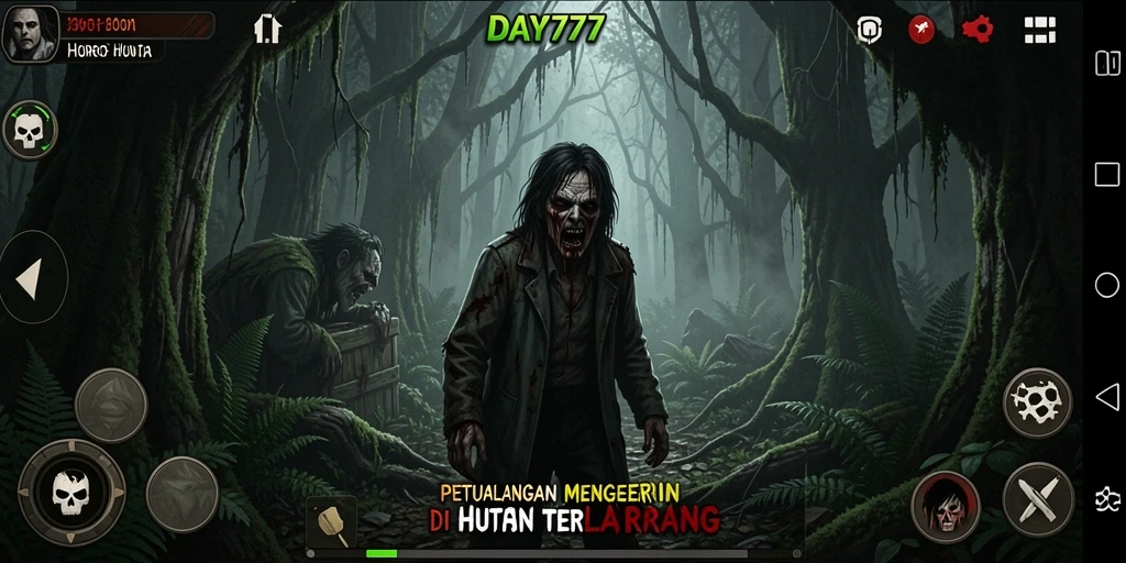 Tampilan antarmuka DAY777 yang menyeramkan di tengah hutan.